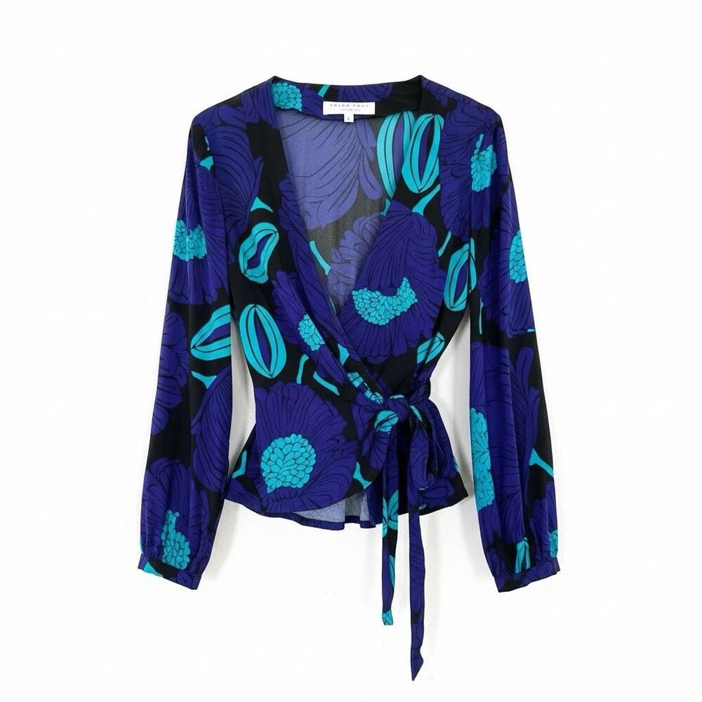 Trina Turk Silk Wrap Top Floral Beaded Luxury Office Siren Workwear Large Blouse